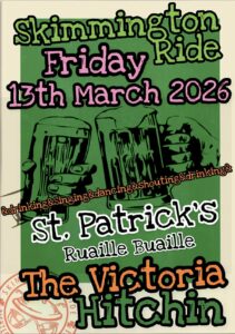 Flyer for Skimmington Ride at The Victoria, Hitchin on 13th March 2026.
